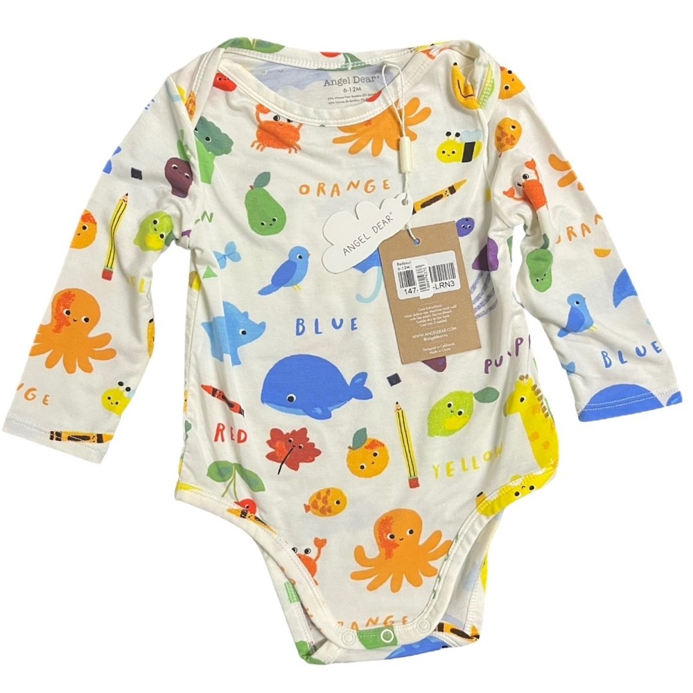 NWT Angel Dear Baby Long Sleeve Bamboo Bodysuit Colorful Animals Print 6-12M